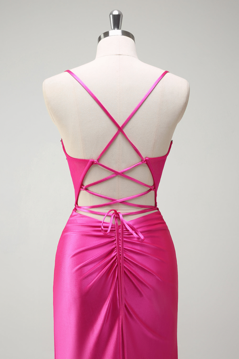 Spaghetti Straps Black Mermaid Beaded Corset Satin Long Prom Dress with Slit