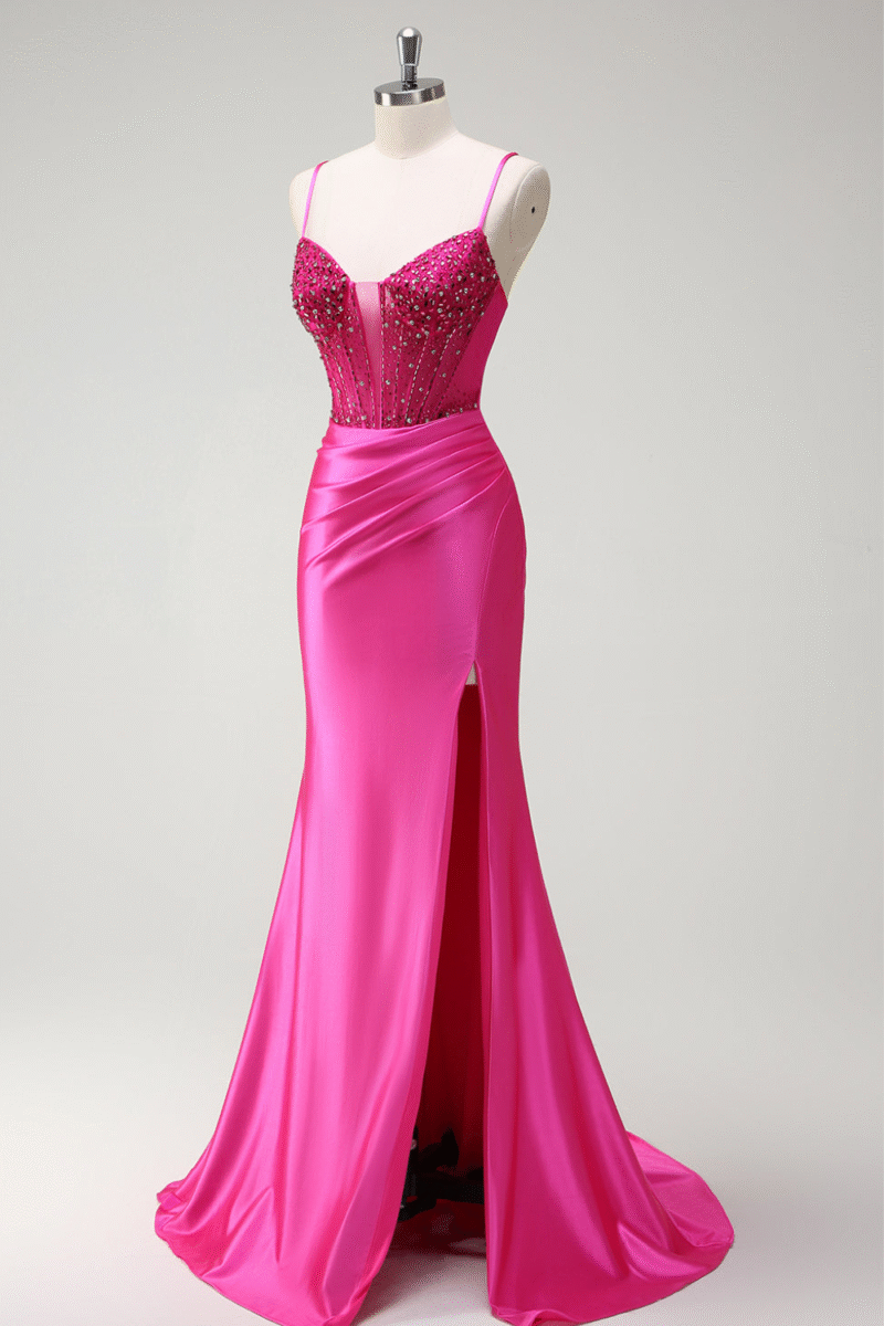 Spaghetti Straps Black Mermaid Beaded Corset Satin Long Prom Dress with Slit