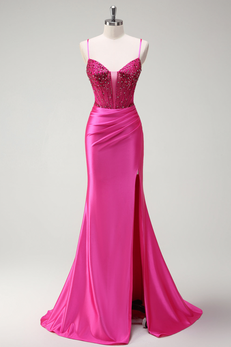 Spaghetti Straps Black Mermaid Beaded Corset Satin Long Prom Dress with Slit