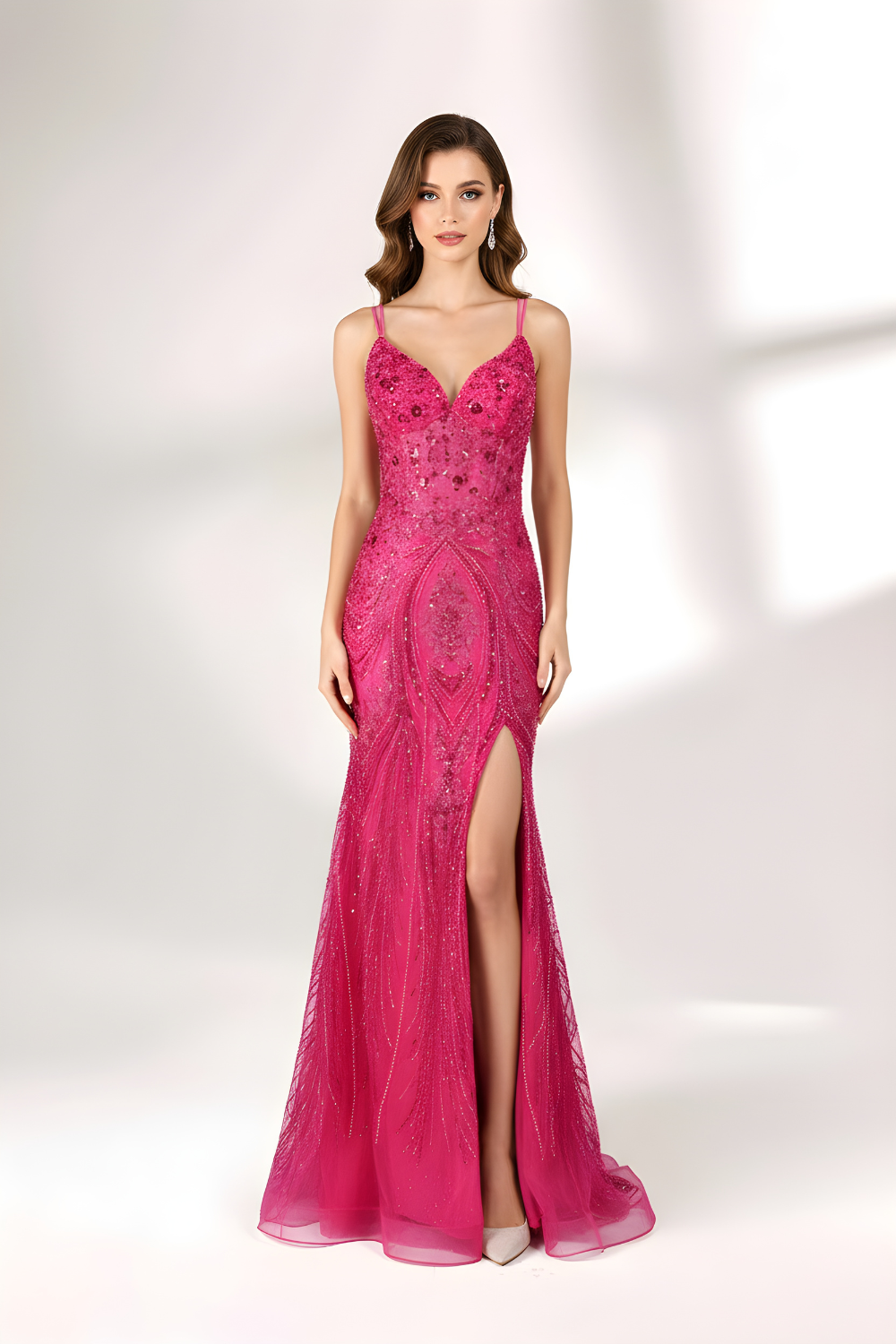 Elegant Pink Sequin Beaded Prom Dress