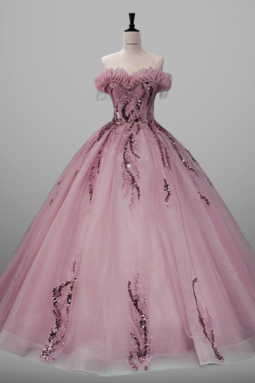 High-End Pink Ball Gown Dress with Handmade Pearl Beading and Sequins
