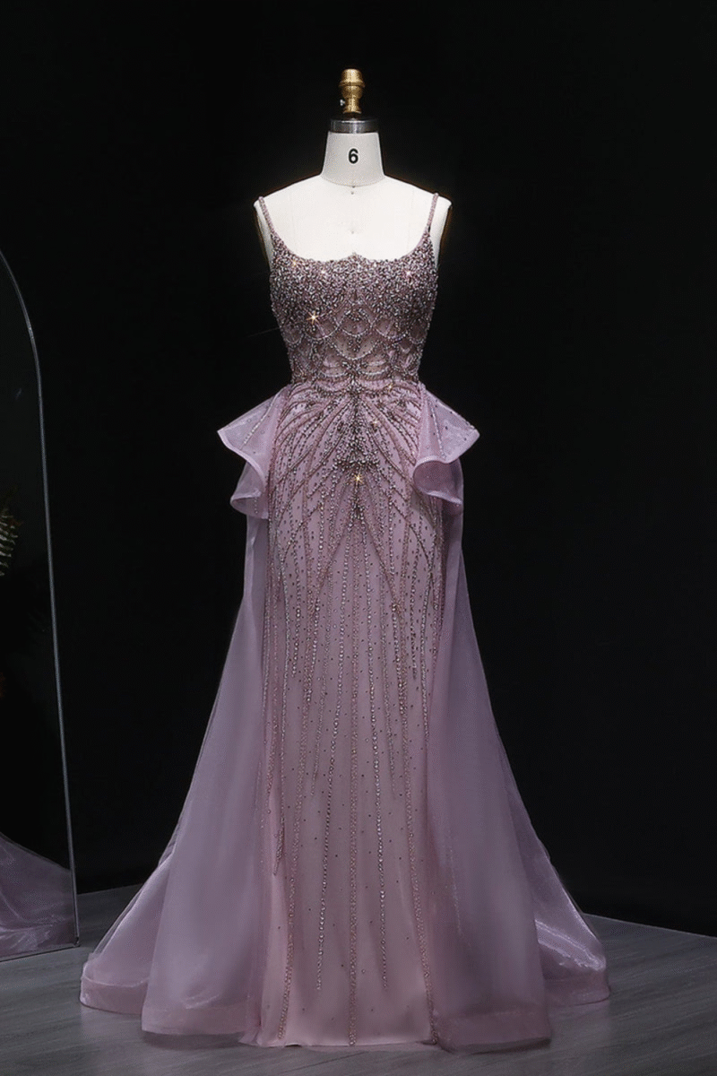 Luxury Pink Mermaid Evening Dress With Overskirt