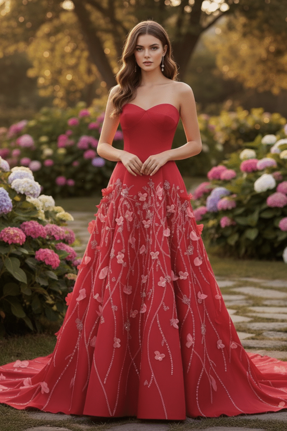 Luxury Red Evening Dress with Feathers & 3D Floral Sweetheart Design