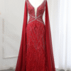Luxury Beaded Red Evening Dress with Cape Sleeves