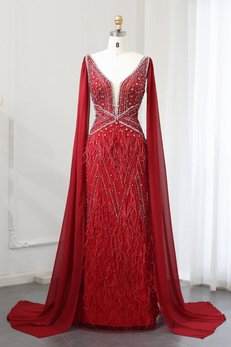 Luxury Beaded Red Evening Dress with Cape Sleeves