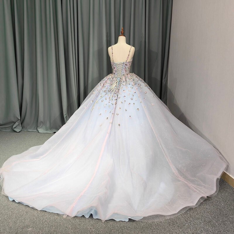 Grey Spaghetti Strap Quinceanera Dress with Beaded Detailing – Elegant Ball Gown