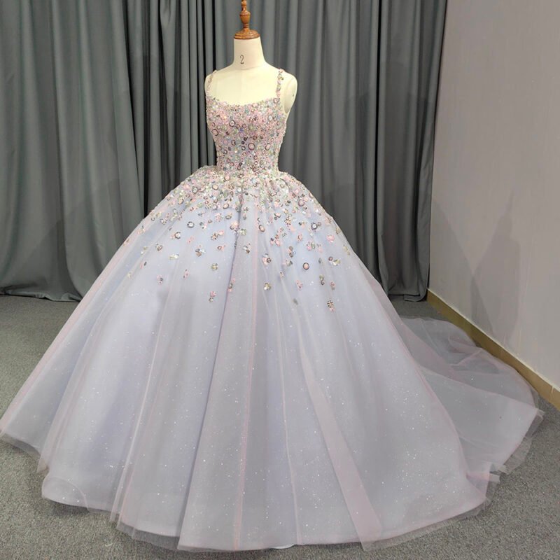 Grey Spaghetti Strap Quinceanera Dress with Beaded Detailing – Elegant Ball Gown