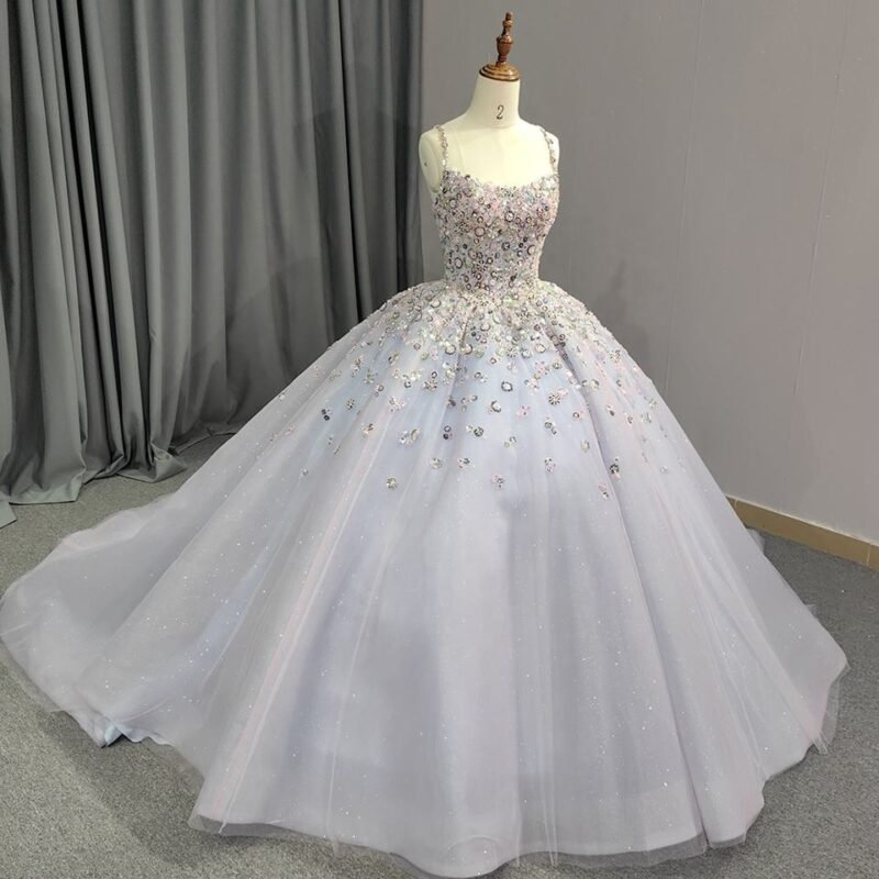 Grey Spaghetti Strap Quinceanera Dress with Beaded Detailing – Elegant Ball Gown
