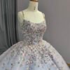 Grey Spaghetti Strap Quinceanera Dress with Beaded Detailing – Elegant Ball Gown