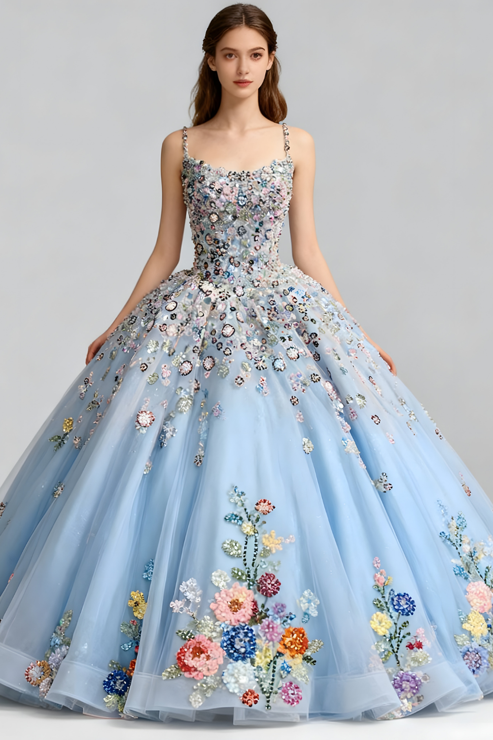 3D Sky Blue Hand-Beaded Floral Quinceanera Gown with Spaghetti Straps – Luxury Ball Gown