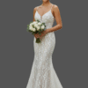 Floral Spaghetti Strap Mermaid White Wedding Gown