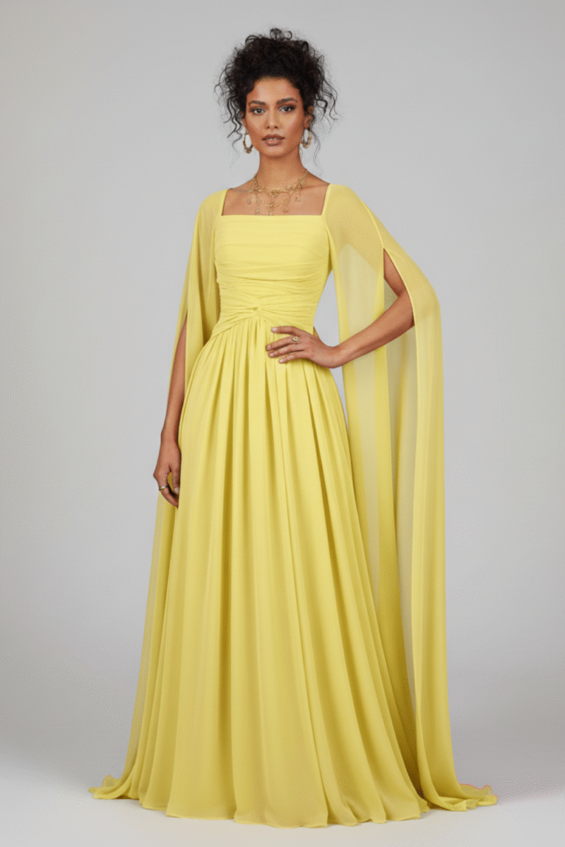 Luxury Chiffon Yellow A-Line Evening Dress with Cape Sleeves