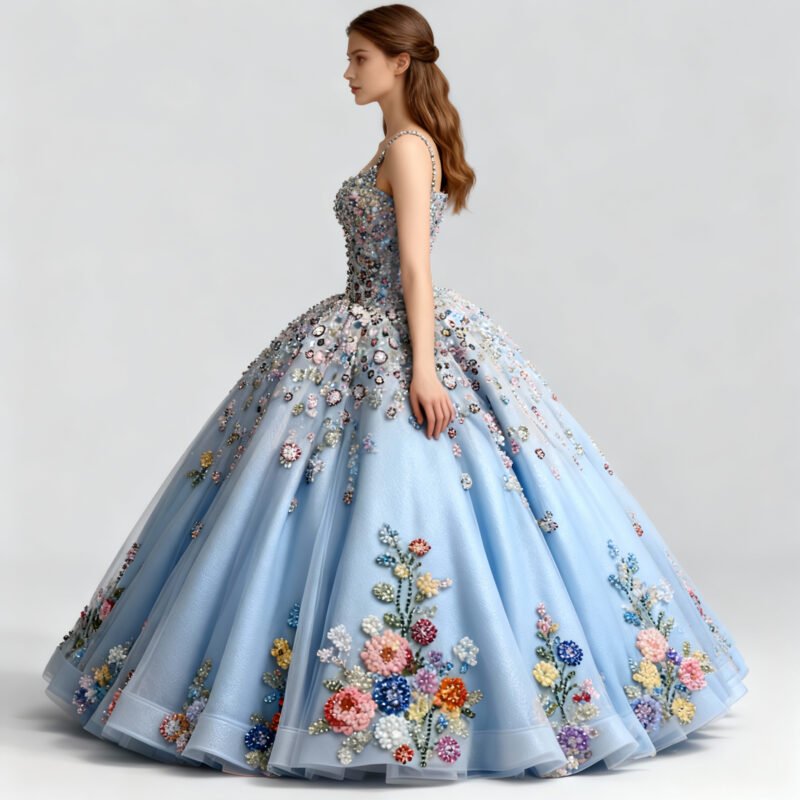 3D Sky Blue Hand-Beaded Floral Quinceanera Gown with Spaghetti Straps – Luxury Ball Gown