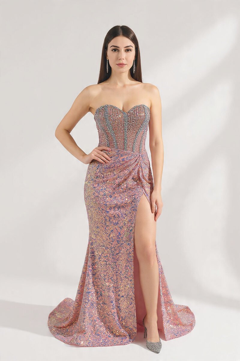 Dusty Rose Gold Strapless Sparkly Mermaid Long Prom Dress