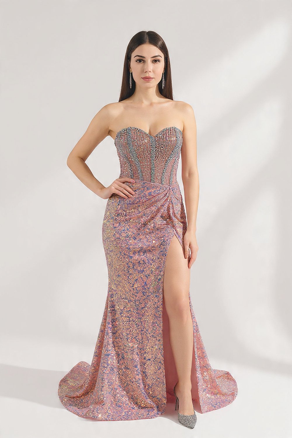Dusty Rose Gold Strapless Sparkly Mermaid Long Prom Dress