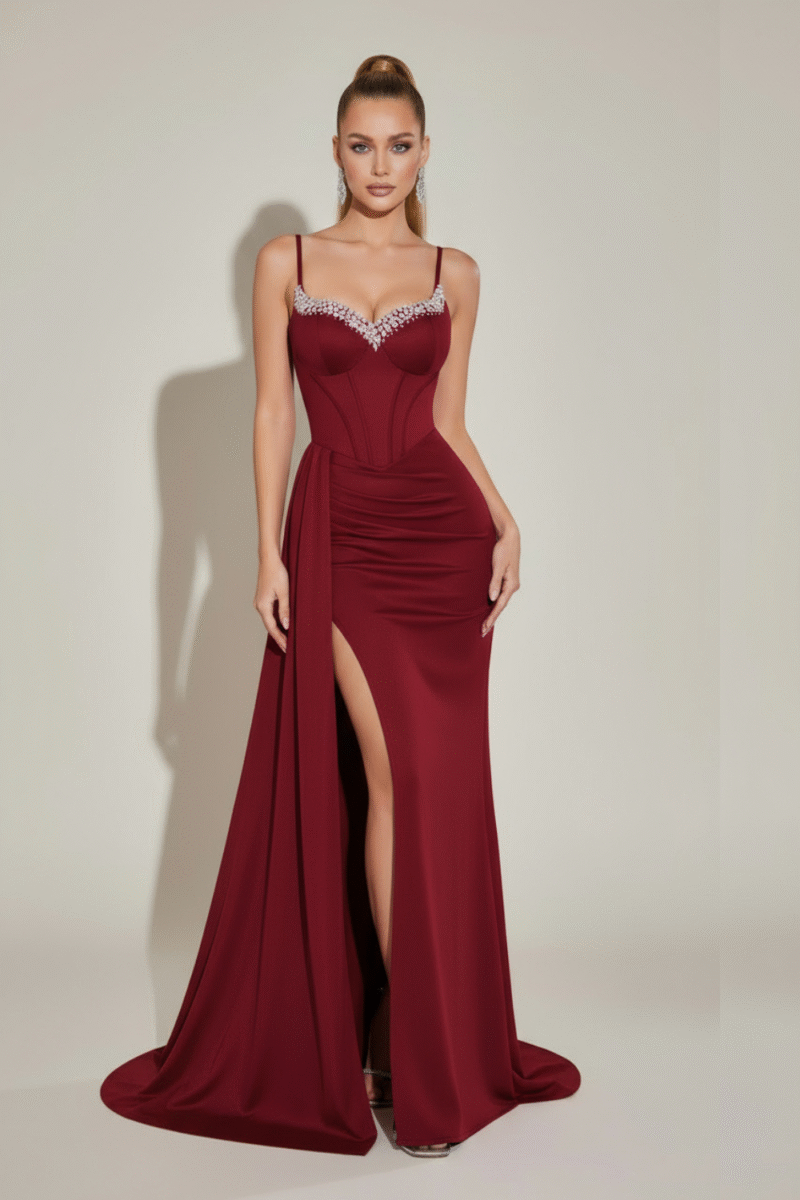 Pink Sweetheart Diamond Beaded Neck Corset Split Evening Dress