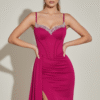 Pink Sweetheart Diamond Beaded Neck Corset Split Evening Dress