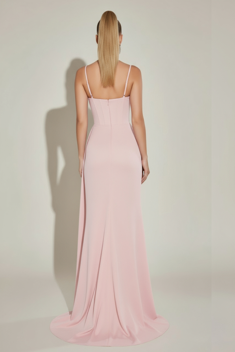 Soft Pink Sweetheart Diamond Beaded Neck Corset Split Evening Dress