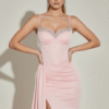 Soft Pink Sweetheart Diamond Beaded Neck Corset Split Evening Dress