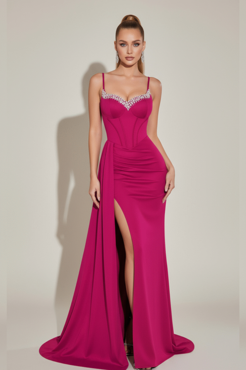 Pink Sweetheart Diamond Beaded Neck Corset Split Evening Dress