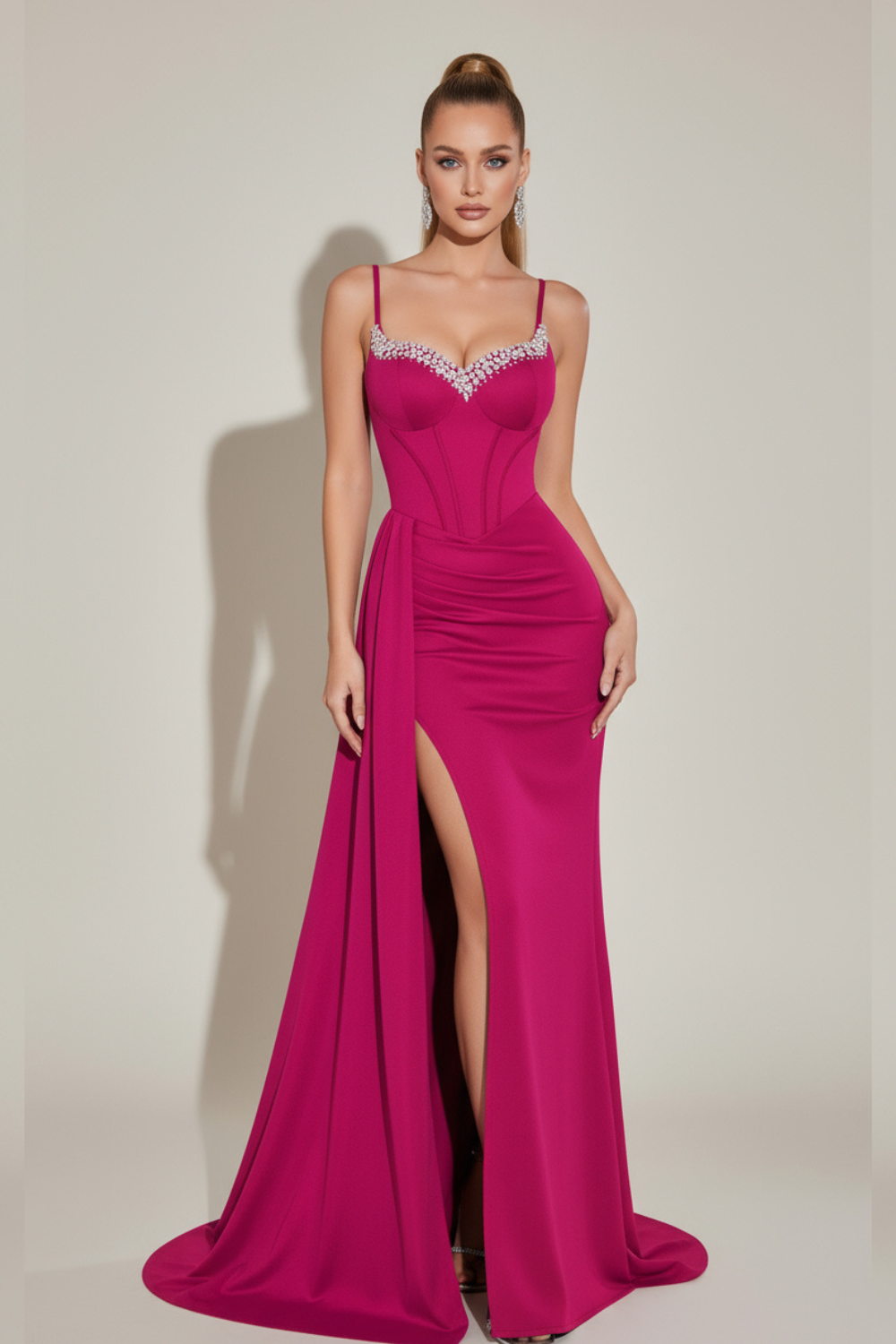 Pink Sweetheart Diamond Beaded Neck Corset Split Evening Dress